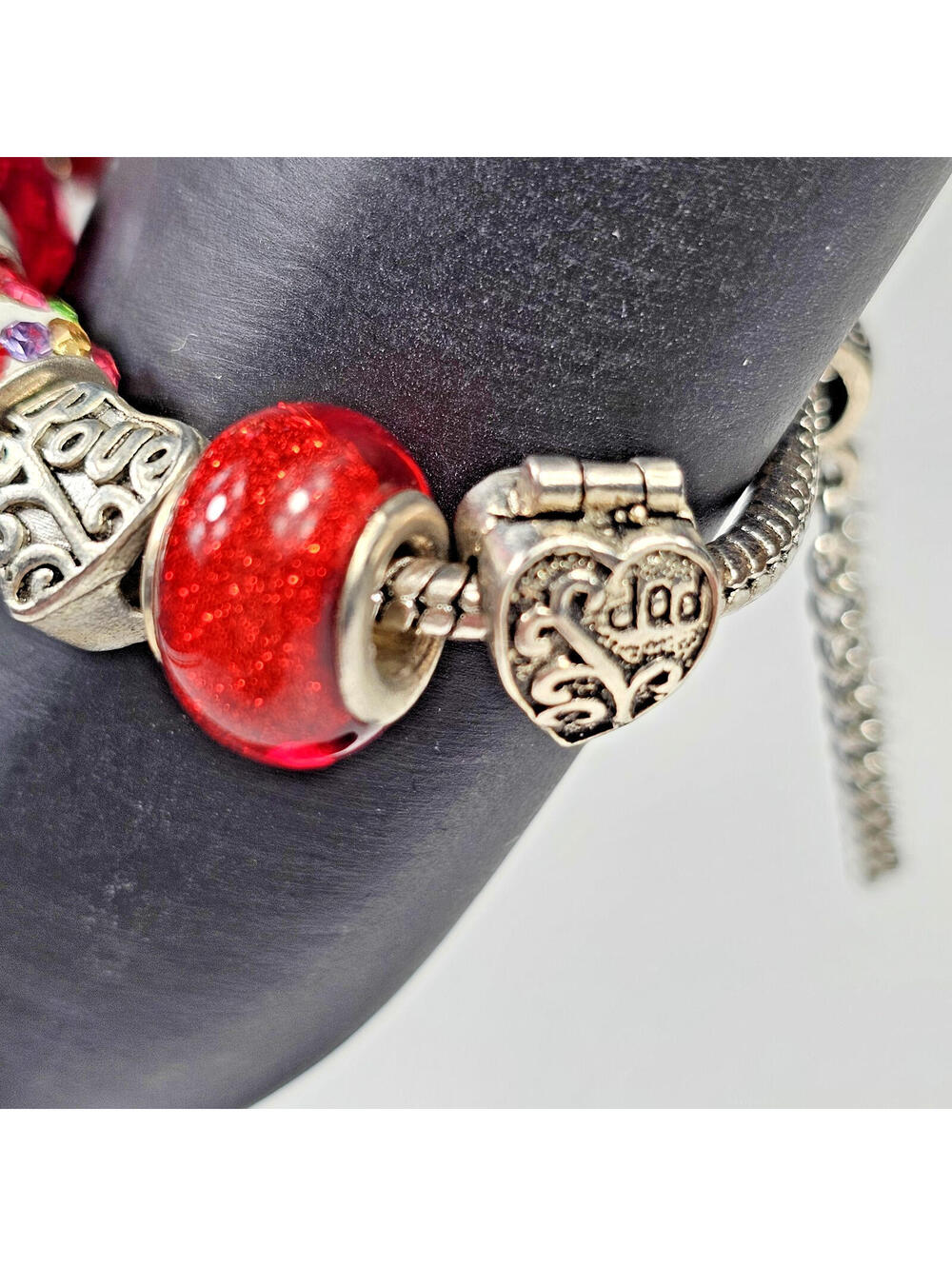 925 Charm Bracelet w 14 Charms & Safety Chain Red Love Glass, Enamel, Filigree - Picture 8 of 13